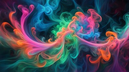 An abstract colorful swirling smoke pattern on a black background.