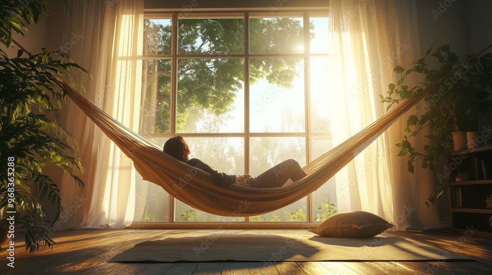 Poster relaxing in a hammock by the window with sunlight streaming through the trees in a cozy indoor space