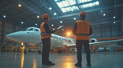 Two workers inspecting an aircraft in a hangar, focusing on safety and maintenance.