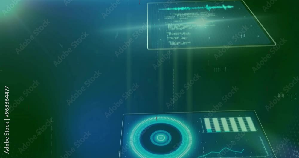 Poster animation of data processing and diagrams over black background