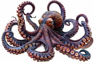 A large octopus with orange and black markings is shown in a white background