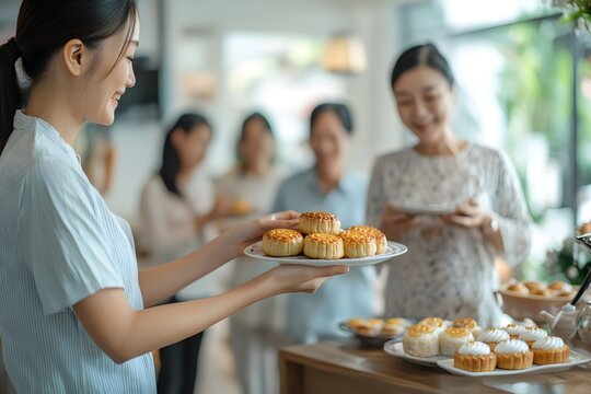 Woman holding a plate with traditional Chinese mooncakes. Mid-autumn festival celebration with family. Oriental food. Sweet dessert for asian holiday celebration 