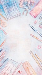 A creative workspace background featuring various stationery items arranged around an empty center for versatile use.