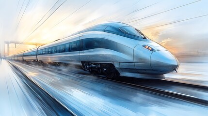 A sleek, silver high-speed train races through a blurred landscape, leaving a trail of motion behind it.