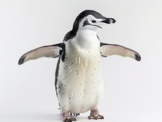 Fototapeta premium A penguin stands on its hind legs and looks at the camera