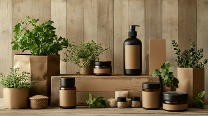 Sustainable packaging for household products, featuring biodegradable labels and earthy tones.