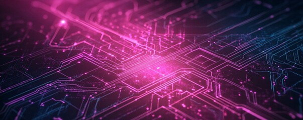 Obraz premium Close-up of vibrant pink and blue digital circuit board patterns with light effects.