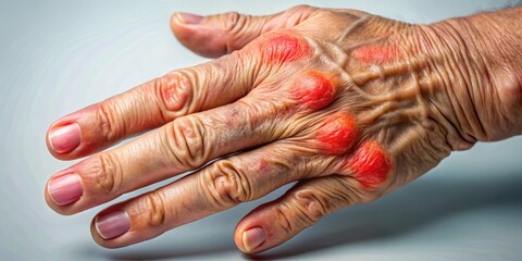 Inflamed joints and red skin on fingers' delicate areas, a visible symptom of autoimmune disorders, bring discomfort