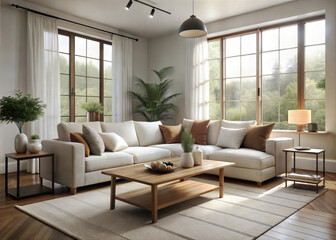 A cozy minimalist living room with a neutral color