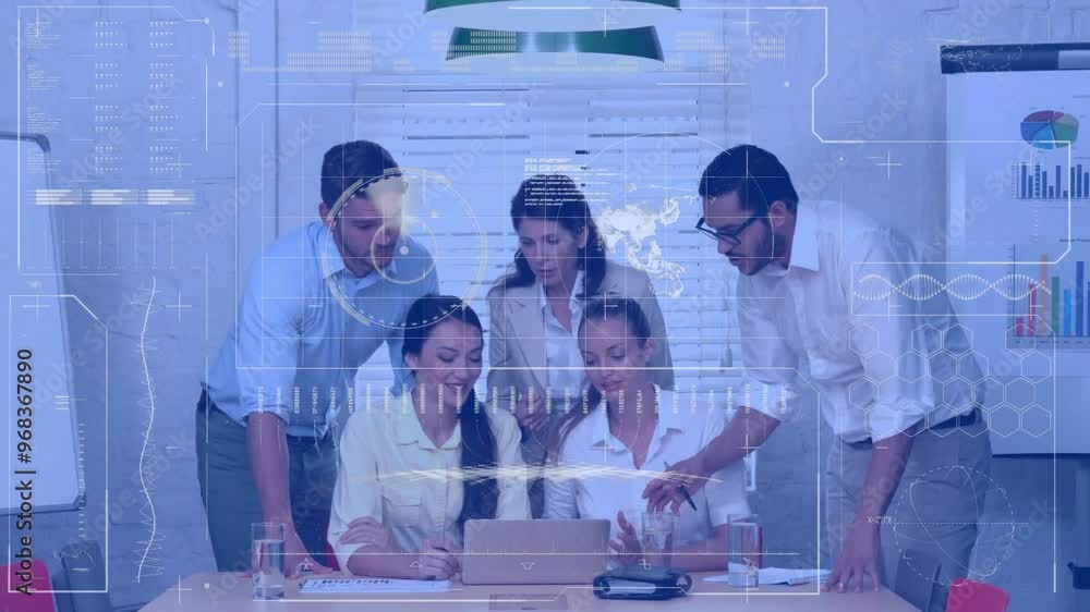 Poster animation of data processing and diagrams over diverse business people discussing work in office