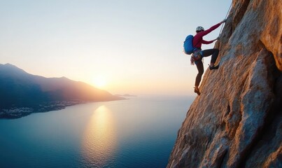 Fototapeta premium Rock Climber Scaling a Steep Cliff with Intense Focus Amidst Rugged Mountain Terrain