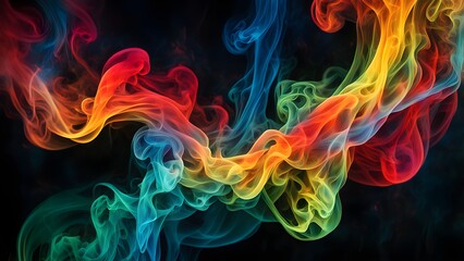 Abstract colorful smoke swirls on black background.