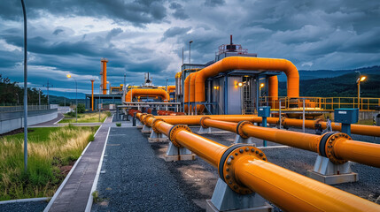 gas pipeline pipes, large industrial petrol station, heating, gas transmission over distance, water supply, equipment, technology, engineering, oil, chemistry