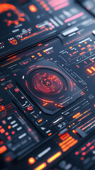 Fototapeta premium Futuristic Digital Dashboard Interface: High-Tech Visualization Software with Neon Graphics, Interactive User Controls, Abstract Patterns, and Modern Aesthetic Design Elements in Red, Black, and Blue