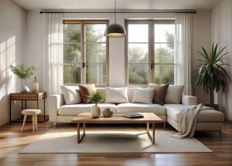 Fototapeta premium A cozy minimalist living room with a neutral color