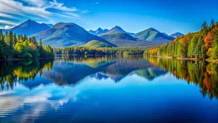 Fototapeta premium In the heart of the Adirondacks, Blue Mountain Lake bathes in an aura of serenity, its azure waters