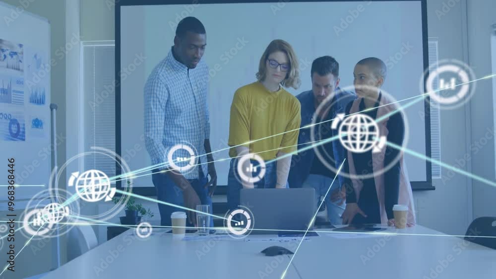 Poster animation of network of connections with icons over diverse business people discussing work