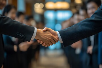 Two diverse business professionals shaking hands in a modern office setting, symbolizing partnership.