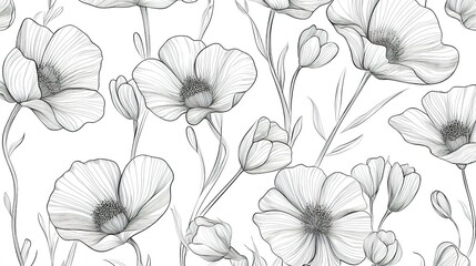  Linear flower pattern, seamless vector illustration.