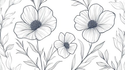  Seamless vector floral design, linear flower pattern.