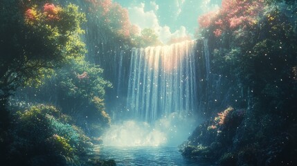 Lush Forest Waterfall With Mist and Falling Petals