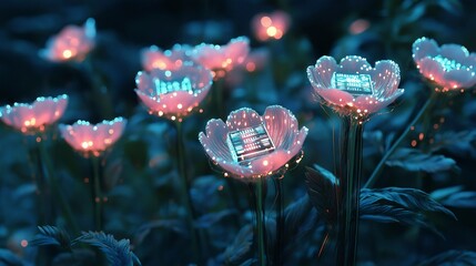 Glowing Biochip Flowers in Futuristic Garden
