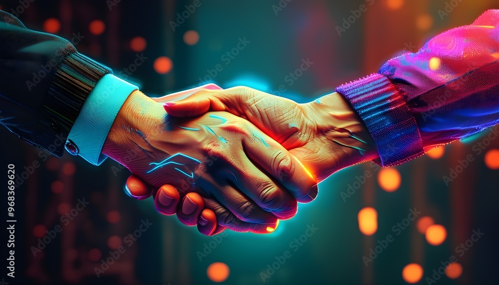 Wall mural Neon-glowing handshake symbolizing unity, trust, and collaboration in a digital landscape