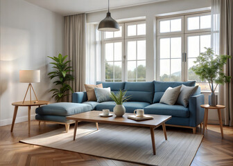 a cozy minimalist living room with a neutral color
