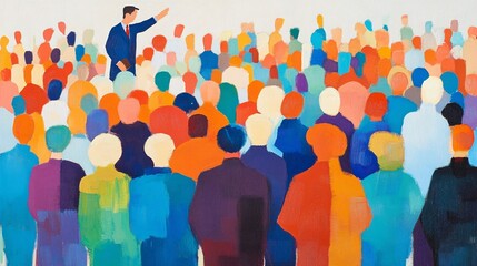 A diverse crowd captivated by a speaker in vibrant colors, portraying unity and engagement.