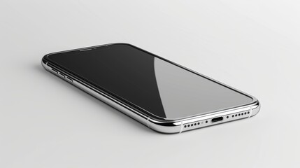 A silver iPhone is laying on a white background