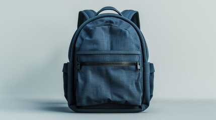 Fototapeta premium A blue backpack with a zipper pocket sits on a white background
