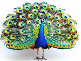 A beautiful peacock with its head held high and its feathers spread out