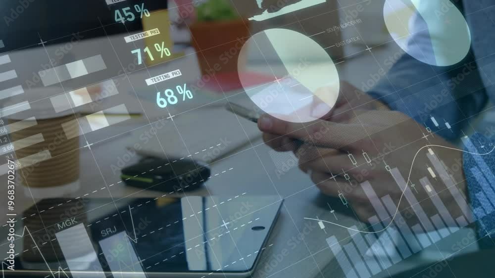 Poster animation of data processing and diagrams over caucasian businessman using smartphone in office