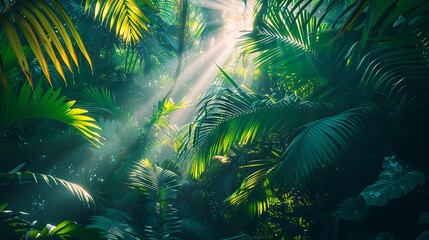 Tropical rainforest with sunbeams filtering through the dense foliage, creating a mystical and peaceful jungle landscape.