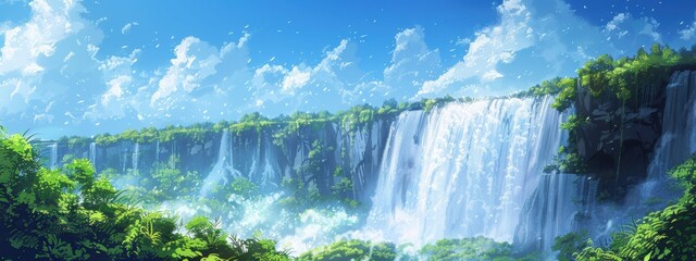 Naklejka premium A beautiful waterfall surrounded by lush green trees and a clear blue sky