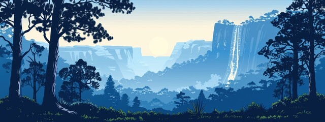 A beautiful landscape with a waterfall and a forest