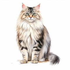 Obraz premium Watercolor Illustration of a Fluffy Maine Coon Cat Portrait, Perfect for Pet Lovers and Animal-Themed Art Decor