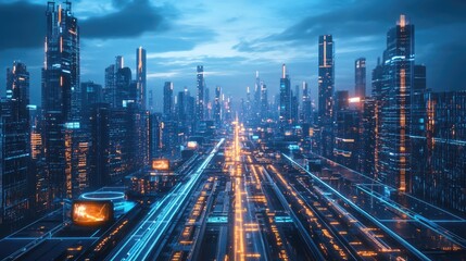 Fototapeta premium AI-driven world, autonomous systems, futuristic urban landscape, holographic displays