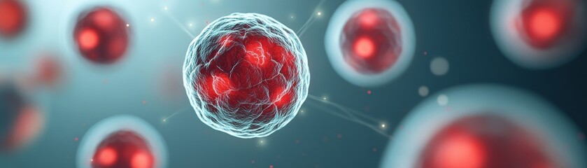 Illustration of complex cells with red centers, showcasing intricate structures and scientific themes in modern biology.
