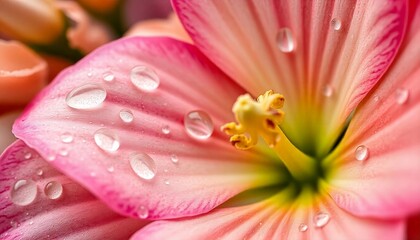 Fototapeta premium a close up of a flower with water droplets on it, dreamy floral background, beautiful macro photography, sparkling petals, dewdrops background, wallpaper, template, banner, created with generative ai