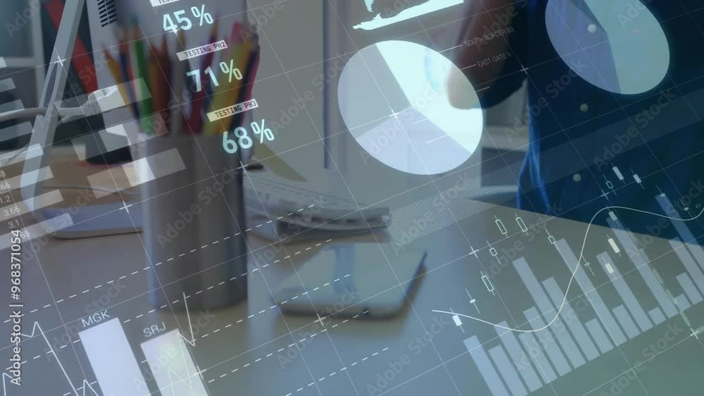 Poster animation of data processing and diagrams over caucasian businessman using computer in office