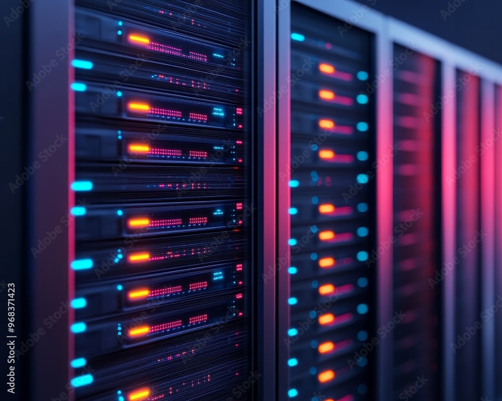 Poster rows of glowing server racks in a data center. blue and orange lights illuminate the server equipmen