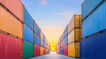 Fototapeta premium Rows of colorful shipping containers line a warehouse, with a glowing sunset in the distance.
