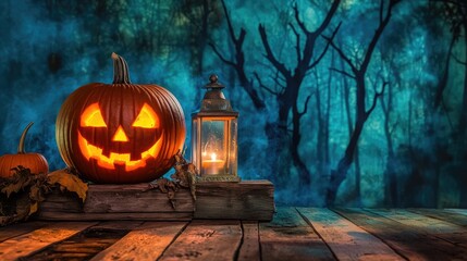 Obraz premium Haunting Halloween scene with a carved pumpkin on wooden planks, illuminated by a lantern and candle, with the eerie silhouette of dead trees in the background