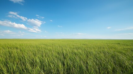Obraz premium Vast green field of wheat swaying gently in the wind against a blue sky with puffy white clouds.