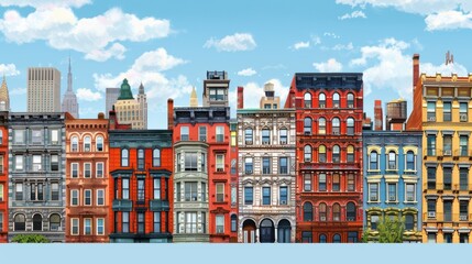 A row of buildings with a blue sky in the background