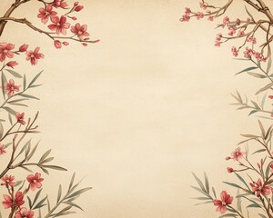 Vintage floral frame with pink blossoms on parchment background. Perfect for invitations, cards, and spring designs.