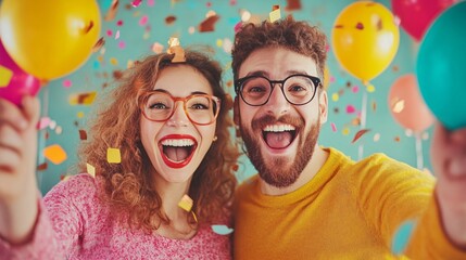 Happy young couple celebrating with balloons and confetti, expressing joy and excitement.