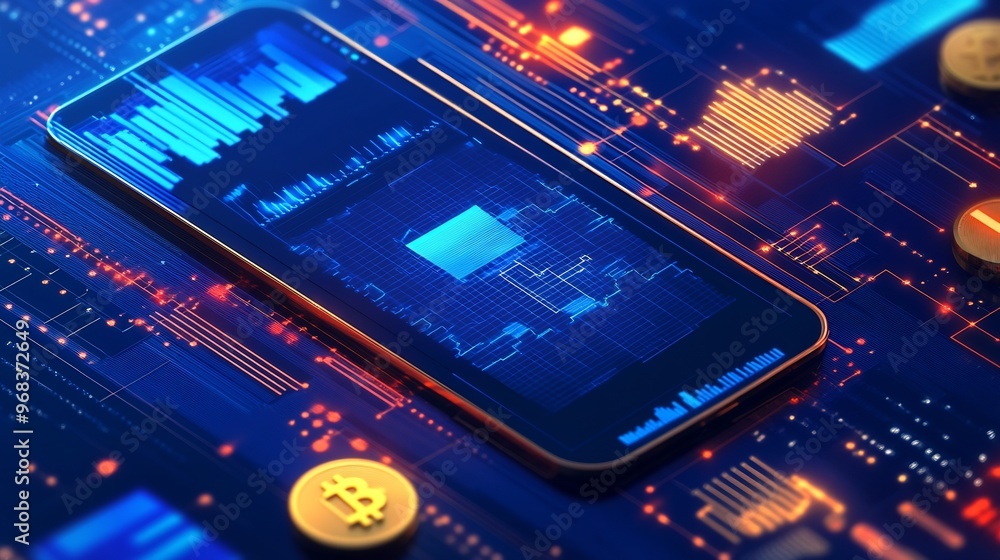 Poster a close-up of a smartphone displaying a graph with a bitcoin coin in the foreground.