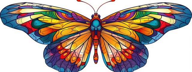 A colorful butterfly with a blue eye sits on a white background
